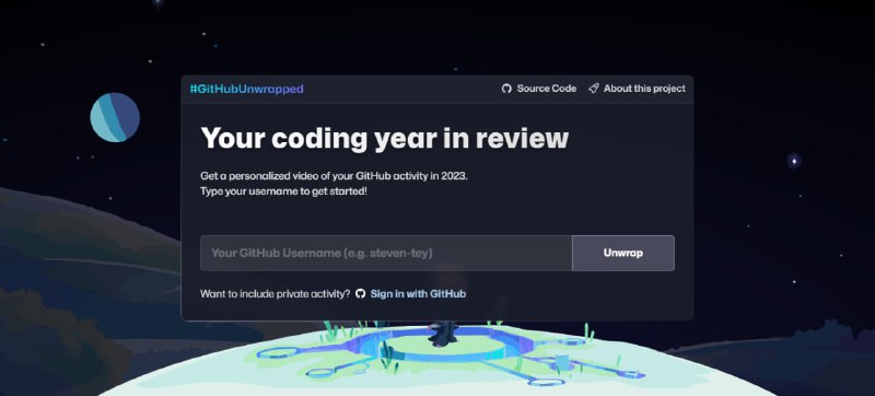 #GitHub #web #开源 GitHubUnwrapped 生成 GitHub 年度总结视频，只需输入用户名即可, 如要统计私有仓库，则需登录 GitHub 账号，生成的视频可下载到本地
