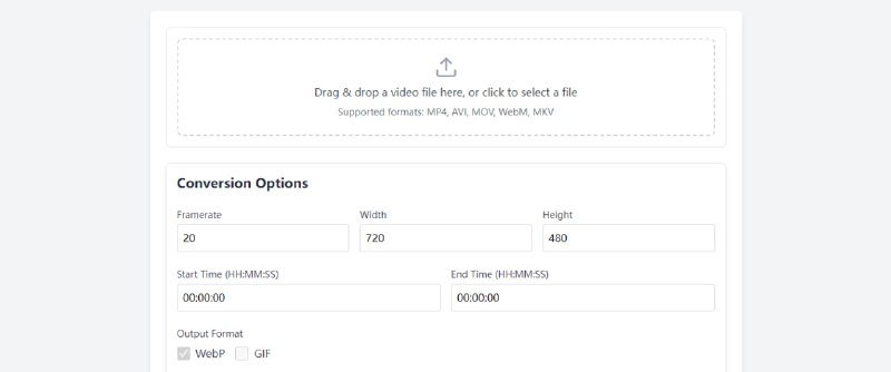 #格式转换 #视频 #GIF EzWebP 在线视频转 WebP/GIF 工具，支持 MP4、MOV、AVI、WebM、MKV 等格式，可自由设定分辨率、帧率和时段，浏览器本地运行，完全免费，无需注册