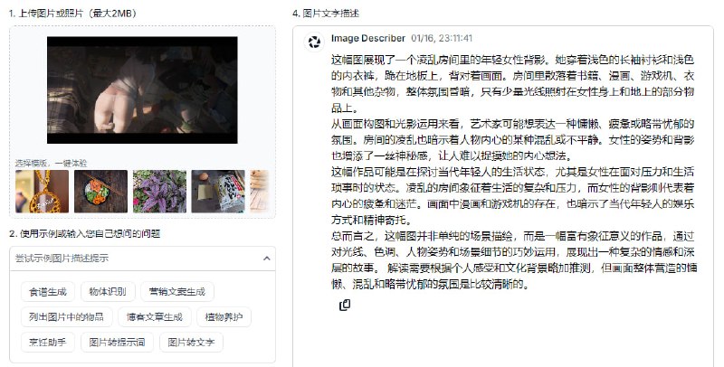 #AI #图片 #分析 Image Describer AI 图片描述工具，可解读图片背后的隐藏细节、情感、含义以及数据图表等，图片最大 2MB，内置了几个常见的提示词，每日可免费使用 3 次，无需注册