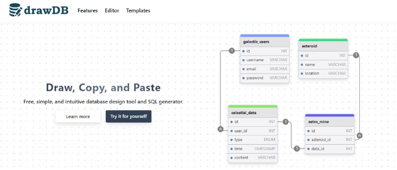 #数据库 #SQL #web #开源 drawDB 数据库设计工具和 SQL 生成器，支持导入导出、快捷键、模板、问题检测、对象关系数据库等功能，完全免费，无需注册
