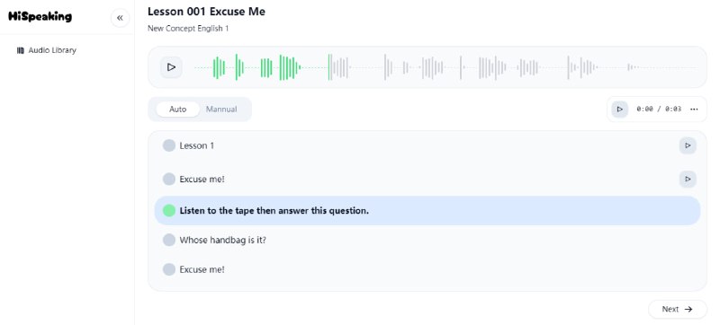 #英语 #跟读 Hi Speaking 沉浸式英语跟读网站，通过 AI 声音检测技术，使得用户在跟读完一句后，自动播放下一句内容， 消除了手动点击对学习体验的干扰，蛮有意思的项目，只是目前的语料不多，感兴趣的可以看看，完全免费，无需注册