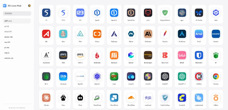 #图标 #LOGO XG-icons-Hub 互联网品牌图标资源库，收录 AI、Docker、NAS、云服务器、网站和 PT 等多个分类的图标资源，目前提供 300+ 图标，可按分类浏览或关键词搜索，支持直接下载 PNG 格式，包含 ChatGPT、Claude、Docker、GitHub、Telegram、Cloudflare 等常用服务图标，界面简洁，完全免费，无需注册