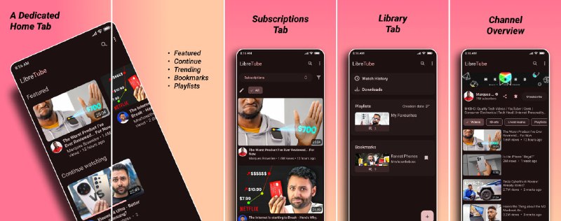 #YouTube #客户端 #开源 LibreTube YouTube 第三方客户端，界面采用 Material You 设计，主打纯粹干净的观看体验，特点是无广告、无需登录、无需 Google 服务，通过 Piped API 加载数据，并支持 SponsorBlock、DeArrow、ReturnYouTubeDislike 等功能，其它如播放列表、订阅管理、历史记录和视频下载等功能也都有，适用于 Android 设备，免费开源