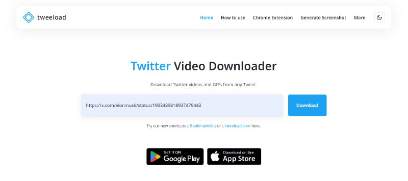 #Twitter Tweeload Twitter 视频 / GIF 下载工具，输入推文链接即可解析下载，可以选择多种分辨率，下载无限制，完全免费，无需注册