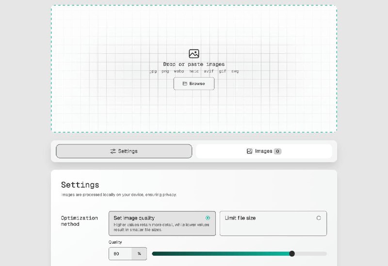 #图片 #压缩 #开源 MAZANOKE 图片压缩工具，适用于 jpg、png、webp、heic、avif、gif、svg 格式，支持批量上传、格式转换、移除元数据、自定义压缩质量、尺寸设置等，浏览器本地运行，完全免费，无需注册