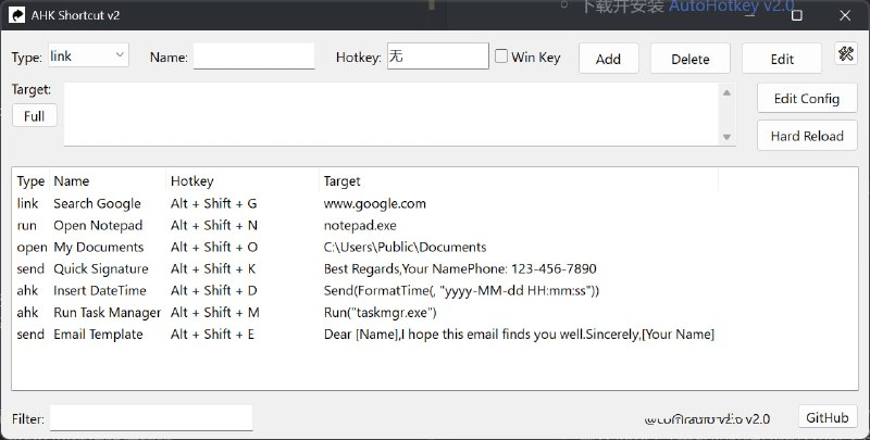 #快捷键 #AHK AHK Shortcut 快捷键管理工具，通过图形界面，轻松设置和管理各种快捷键操作，如打开网页、运行程序、打开文件夹、发送文本、执行 AHK v2 代码等，支持自行备份配置文件，以便迁移快捷键到其他电脑，使用前需安装 AutoHotKey 软件