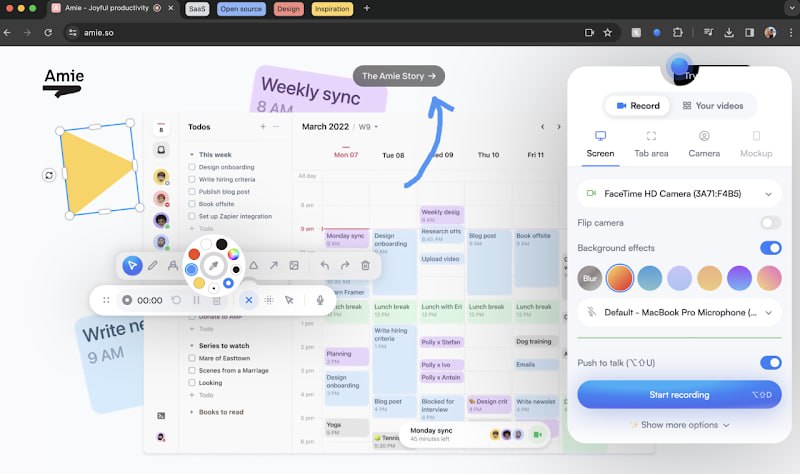#录屏 #插件 #开源 Screenity 屏幕录制和标注工具，可录制标签页、特定区域、桌面、任意程序、摄像头、麦克风、系统声音等，并支持在任何位置进行标注，添加文本、箭头、形状等，突破了浏览器的限制，非常好用，免费开源，无需注册