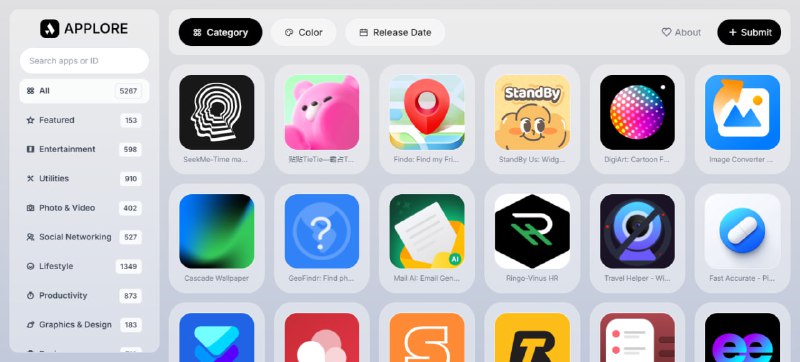 #LOGO APPLORE 应用图标收集站，共有 5000 多个，支持搜索功能，可按类别、颜色、日期进行查看，一键跳转至 App Store ，右键图标可下载为 1024*1024 分辨率图片，完全免费，无需注册