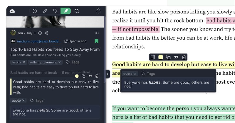 #插件 #标注 #高亮 Web Highlights 本地网页与 PDF 标注插件，支持文本高亮标注、添加个人注释、网页快照保存、标签分类管理以及网页收藏等功能，并可将标注内容同步到 Notion、Obsidian、Capacities 等知识管理应用，无账号情况下数据保存在本地，注册后可保存在云端，但同步需要付费