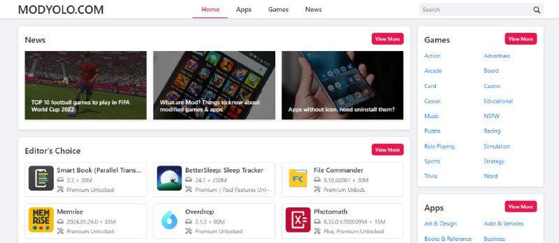 #Android #应用商店 #破解 #web MODYOLO 一个收录了超多 Android 破解应用和游戏的网站，部分内容从网络收集，也有官方自己修改的，免费下载，无需注册