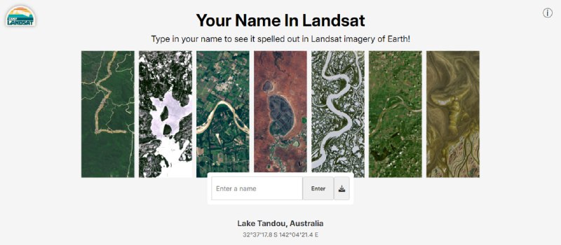 #趣站 #名字 Your Name In Landsat 名字与卫星图像匹配工具，陆地卫星对地球进行了多年观测，收集了各种令人惊叹的图像，包括与各种字母相似的地形，输入名字拼音，即可找到形状相似的地形图片，并给出图片的地理信息，可直接保存，完全免费