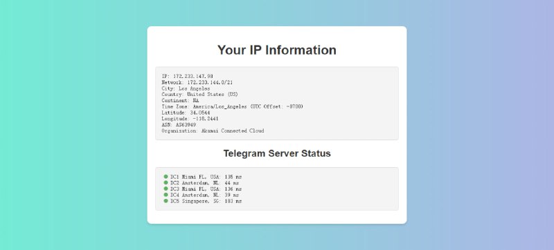 #IP #查询 #Telegram #web IP Information 一个 IP 查询服务，界面非常简单，提供基础的 IP 信息，如所在国家、经纬度和服务提供商等，另显示了 Telegram 5 个数据中心的服务状态