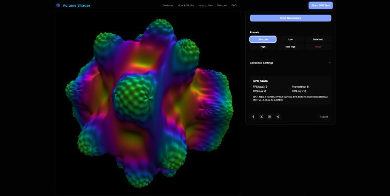 #显卡 #测试 Volume Shader 在线 GPU 性能测试工具，通过实时 3D 渲染对显卡进行压力测试，同时提供视觉反馈和性能指标，包括 FPS、帧时间和利用率指标，共有五个测试等级，分别是超低、低、平衡、高、超高，建议从超低开始，完全免费，无需注册