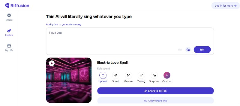 #音乐 #AI #生成 #web Riffusion 一个基于 AI 的音乐生成工具，输入歌词，即可生成歌曲，不仅有背景音乐，还有人声演唱，生成时长为 12 秒，目前免费使用，无需登陆