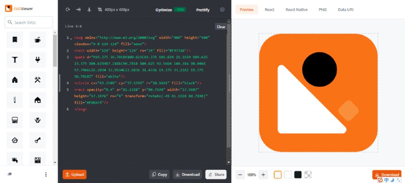 #SVG #web SVG Viewer 一个 SVG 查看器，可用于浏览、编辑和优化 SVG 图像，并可转换为 PNG 和 base64 代码，可免费上传和下载，无需注册