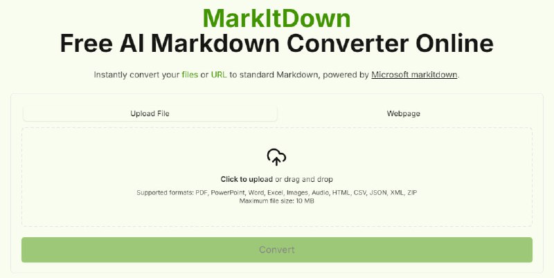 #格式转换 #Markdown MarkItDown 文档转 Markdown 工具，基于我们之前推荐的 MarkLtDown 项目而实现，只需上传文件或 URL 即可处理，支持的文档包括 Word、HTML、PDF、TXT文档等，完全免费，无需注册