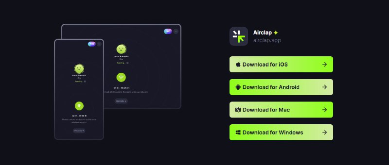 #文件传输 #iOS #Android #mac #win Airclap 跨平台文件传输工具，支持任意类型的文件和文本，不限大小，不限设备数量，适用于 iOS、Android、macOS 和 Windows 四大平台，完全免费