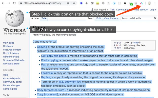 #插件 #复制 Simple Allow Copy 解除网页禁止复制的插件，点击图标即可开启复制模式，可记住要解除禁用复制的网站，以便今后访问，由于通过拦截用户交互来工作，可能会破坏某些网页，退出 