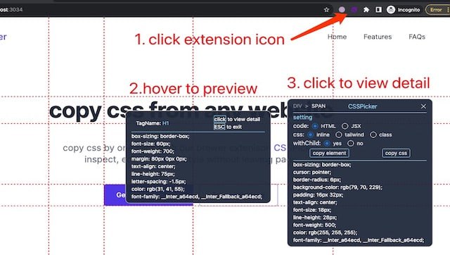 #css #编程 #插件 CSSPicker 主页 丨 插件下载 一个可以复制任何网站元素样式的 chrome 插件，元素可以转成 JSX 形式，样式可以转成 tailwind