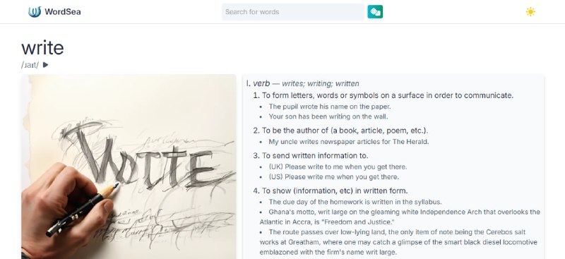 #英语 #web #开源 WordSea 一个英语词典，在展示详细释义的同时，还会生成一张 AI 图片，以帮助更好的理解和记忆，并支持音标和朗读功能，非常不错的一个项目，免费使用，无需注册
