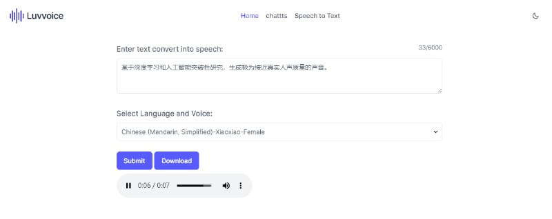 #AI #TTS Luvvoice 基于 AI 的文本转语音工具，支持 70+ 语言和 200+ 声音，最多 6000 字，插入句号可添加停顿，支持预览并下载 MP3 文件，免费使用，无需注册