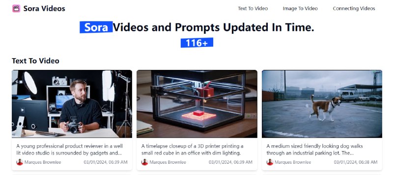 #AI #Sora #web Sora Videos 又一个收集 Sora 生成视频的网站，比上次推荐的 SoraPrompts 的视频更多，也包含了官方 TikTok 发布的视频，并附有对应 prompt ，喜欢的可以看看