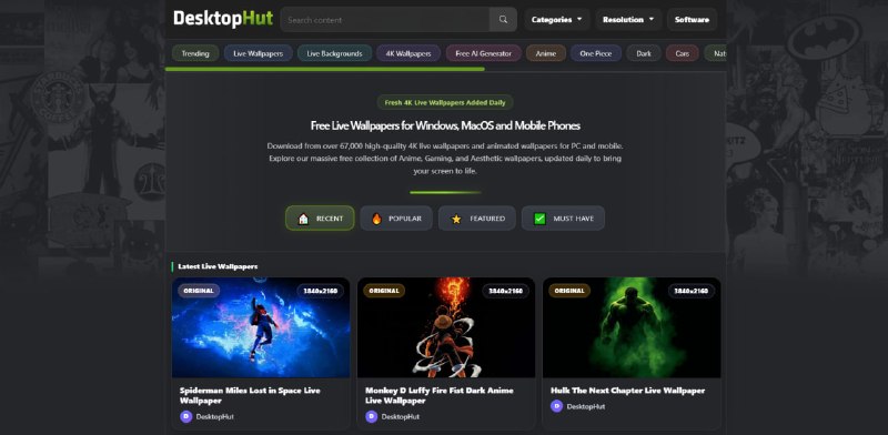 #壁纸 DesktopHut 动态壁纸网站，有超过 67,000 款动态壁纸资源，涵盖动漫、游戏、风景、科幻等类别，可下载为 MP4 文件并导入到其他壁纸引擎，也可使用官方提供的轻量级壁纸软件，对设备性能消耗较低，且在全屏游戏时可自动暂停，免费使用，无需注册