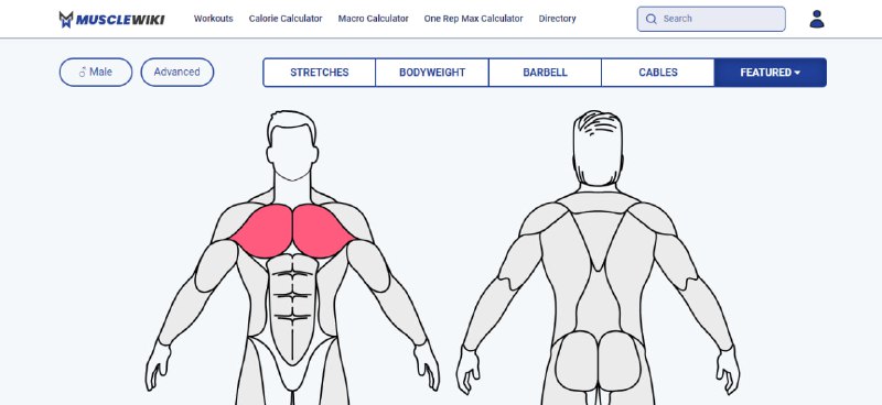 #健身 #Web MuscleWiki 肌肉维基 一个锻炼肌肉的维基百科，可以选择性别，在人体图上点击选择锻炼的部位，就会出现对应的锻炼方式，分为视频演示和文字说明，蛮不错的，喜欢健身的可以参考一下