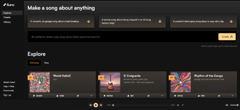 #AI #音乐 Suno 根据文本生成音乐的 AI 应用，输入文本，选择是否纯器乐、音乐风格、主题等，即可生成高质量的音乐，每天可免费生成 10 首，时长最多 2 分钟