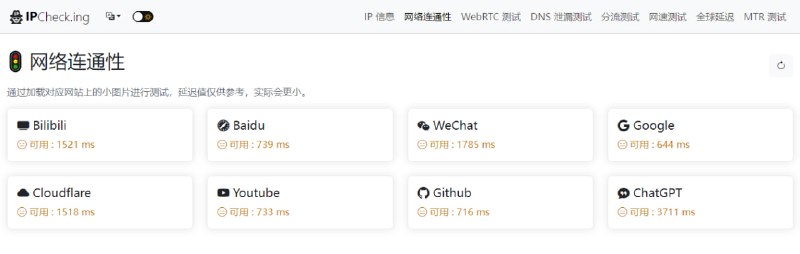 #IP #web #开源 IPCheck.ing 一个 IP 工具箱，不仅可查看 IP 信息，还可以检测 GitHub、Google、ChatGPT 等网站的可用性，以及 DNS 泄露测试、分流测试、网速测试、全球延迟测试、MTR 测试等，免费开源，打开即用