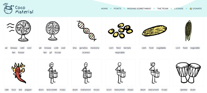 #插画 #下载 #开源 #web CocoMaterial 手绘插画下载站，质量非常不错，目前包含 2865 张开源图像，数量还在持续增加，提供 PNG、SVG 以及 GIF 格式下载，支持自用与商用，免费使用，无需注册