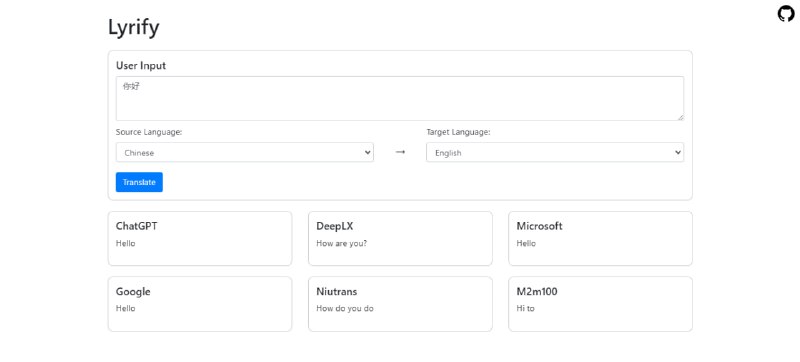 #翻译 #web Lyrify Translator 一个聚合翻译工具，可同时运行多个翻译服务，有 ChatGPT、Google、DeepLX、微软等，可对比不同的结果，选择最适合的，免费使用，无需注册