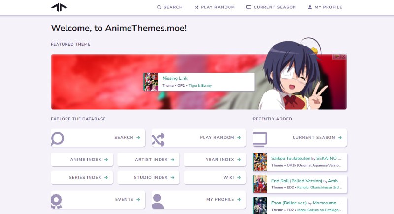 #动漫 #音乐 #搜索 AnimeThemes 一个收录动漫片头尾曲的网站，可搜索并播放片头尾曲视频，也可直接播放歌曲，均为官方正版，拥有完整详细的元数据，如动画名称、年份、制作团队等，动漫迷可以收藏一下