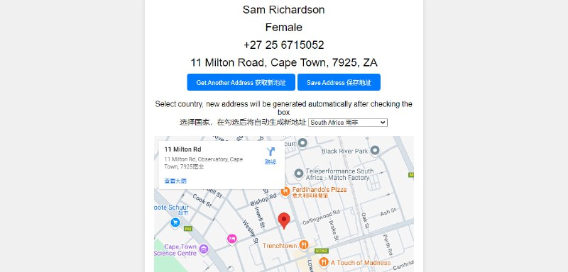 #地址 #生成 Real Address Generator 基于 Cloudflare Workers 的真实地址生成工具，支持中美英德法等多个国家，并在谷歌地图中显示位置，还可生成随机的手机号、姓名、性别等信息，支持一键复制，免费使用，无需注册