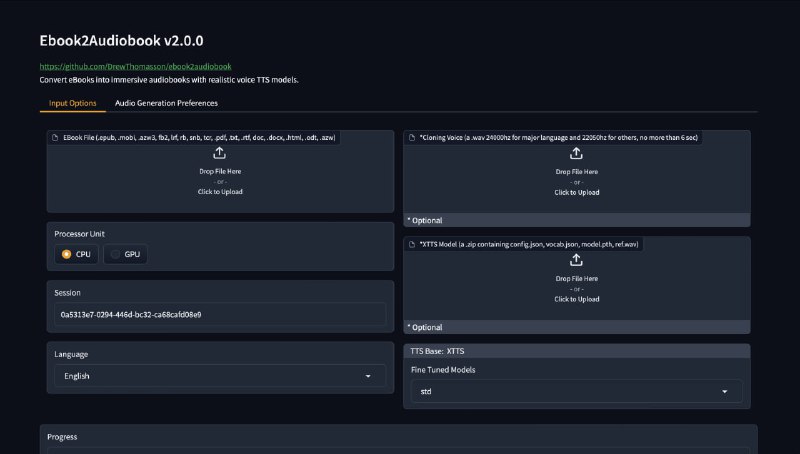 #AI #听书 ebook2audiobook 电子书转有声书工具，支持 EPUB、MOBI、PDF 等格式，通过语音合成技术生成包含章节和元数据的有声书，支持包括中文在内的 1000 多种语言，支持语音克隆，依赖 GPU 运行，CPU 速度会很慢，免费开源