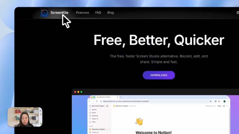 #录屏 #macOS ScreenKite macOS 原生屏幕录制工具，支持全屏、窗口或区域录制，并可同时叠加摄像头画面，自动识别鼠标点击和键盘操作位置，实时触发智能自动缩放效果，内置编辑器支持裁剪、删除、调整播放速度、应用缩放效果、基础转场、自定义视频背景、阴影样式和圆角效果等，所有处理均在本地完成，免费使用