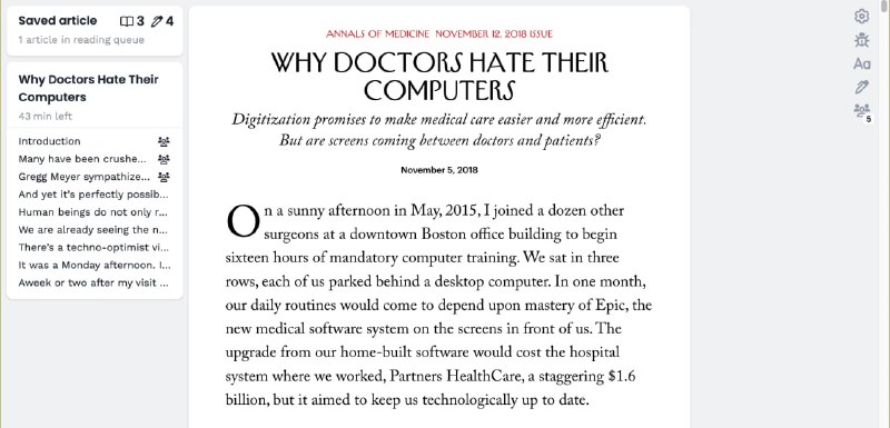 #阅读 #插件 Unclutter 网页阅读模式插件，打造沉浸式阅读体验，自动移除页面广告、弹窗，支持调整字体大小、主题颜色、高亮文本、目录、收藏夹、跟踪阅读进度等功能，且内置阅读库会自动同步已阅读与待读文章，即可用来看小说，也可用来看新闻和收藏文本，简单易用，完全免费，无需注册