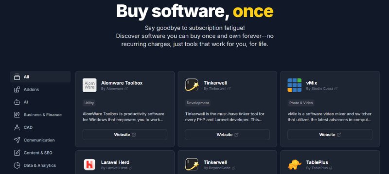 #软件 Buy Once Software 一个收集一次性付费软件的网站，几乎都是国外的，可以看一下，现在很多软件都采用了订阅制，虽然能理解开发不易，但每月付费的金额越来越多，还是很有压力的，所以，一次付费终身使用，反而变成现在追求的模式了