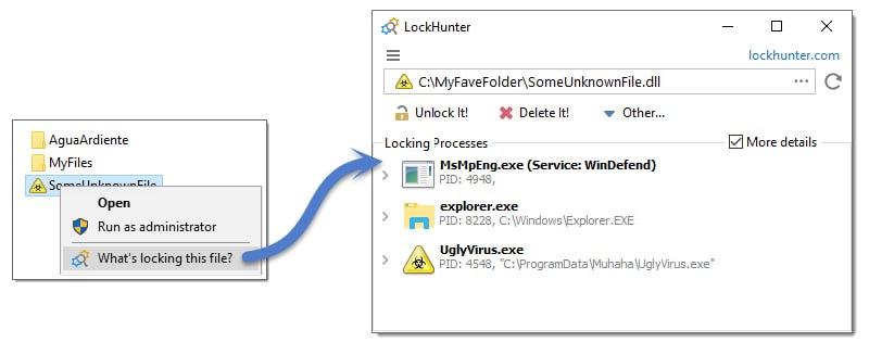 #删除 #文件解锁 #win LockHunter Windows 文件解锁工具，可解锁、删除和重命名正被占用的文件，并可显示占用的程序，与粉碎文件不同，它会将文件删除到回收站，如误删也可恢复，体积仅 3.2MB，完全免费