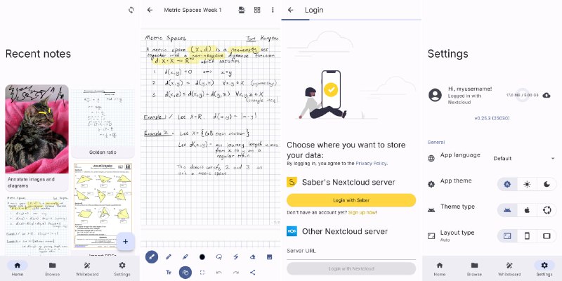 #手写 #笔记 #开源 Saber 专为手写而设计的笔记应用，除了基本的书写外，还支持荧光笔、同步、双重加密、导出 PDF、自定义笔的大小和颜色、文本注释等功能，完全可说的上是小巧精悍，免费开源，全平台支持