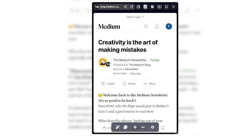 #插件 #预览 Peek Focus 又是一个弹窗预览链接内容的插件，不用打开新的 TAB 标签页即可浏览内容，支持拖拽和快捷键等方式触发，并且围绕弹窗增强了浏览体验，如阅读模式、视频模式、全屏、缩放、收藏等，有需要的可以体验一下
