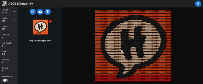 #趣站 #ASCII ASCII Silhouettify 图像转 ASCII 图案工具，基于 95 个可打印的字符，适用于图标、LOGO、简笔画等平面图形，对于复杂图片的处理很差，因为不会渲染阴影、高光、或渐变，支持输出纯文本、彩色 HTML、Neofetch 艺术格式，免费使用，无需注册