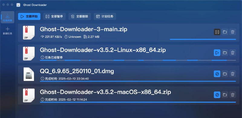 #下载 #多线程 #开源 Ghost Downloader 多线程下载工具，特点是具备 AI 加速引擎，可动态调整线程数量，以提升整体下载性能，支持断点续传、限速控制、任务队列管理等功能，也支持浏览器插件，以捕获网页资源，如视频、音乐、图片、文档等，免费开源，适用于 Windows、macOS 和 Linux 系统