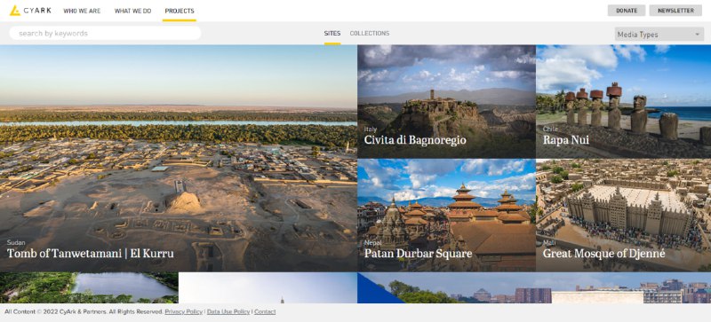 #VR #web CyArk 数字古迹 一个非营利组织网站，通过 3D 扫描技术，将名胜古迹从现实搬到了网上，不仅可以随意拖动展示建筑的外观，还有内部建模，支持建筑内部游览