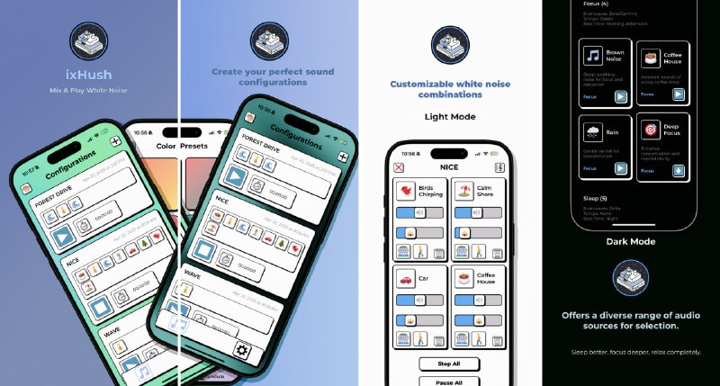 #白噪音 #iOS ixHush iOS 白噪音应用，支持将雨声、雷鸣、风声、流水、火焰等多种环境音自由混合，创建个性化的放松、专注或助眠音景，界面采用高对比度设计，操作简洁直观，支持定时和淡入淡出，无需注册，无广告，无内购，完全离线运行