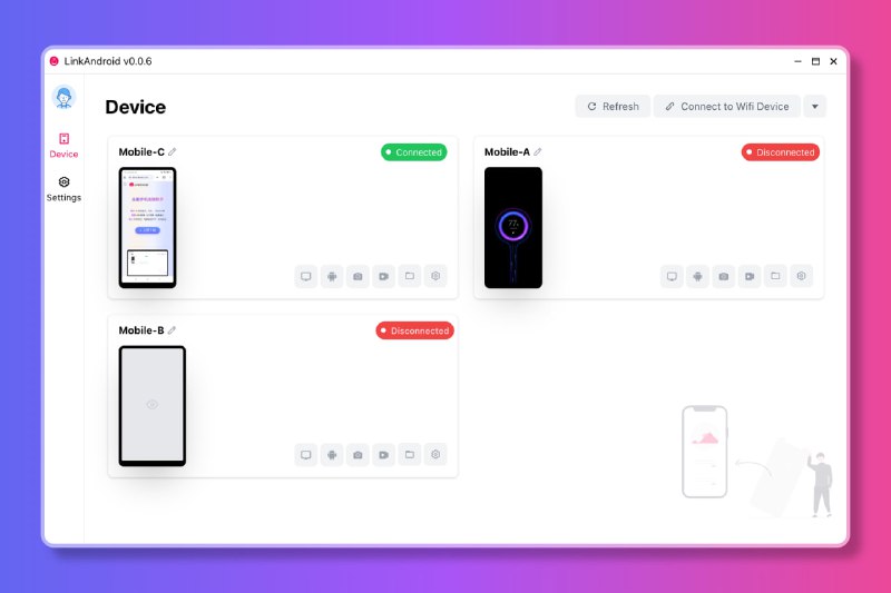 #投屏 #开源 LinkAndroid 安卓手机与电脑连接工具，支持投屏操作、GIF/MP4 录屏、截屏、应用管理、文件管理、命令行等功能，可连接多个手机并进行控制，适用于 Windows/Mac/Linux 系统，免费开源