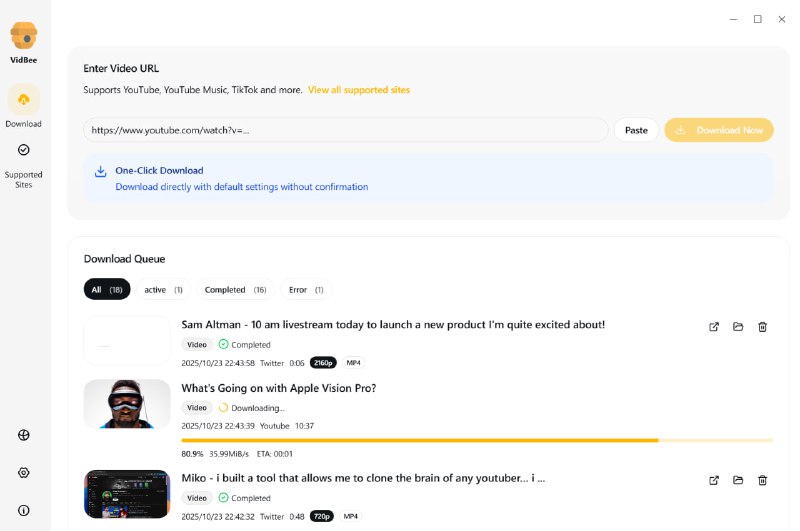 #视频 #解析 #开源 VidBee 基于 yt-dlp 的视频下载服务，覆盖全球 1000+ 视频平台，包括 YouTube、TikTok、Twitter、Vimeo、Twitch、Facebook、Reddit、Pinterest、SoundCloud 等，可自动检测视频平台并优化下载参数，支持视频、音轨、播放列表下载，免费开源，适用于 Windows、macOS 和 Linux 系统