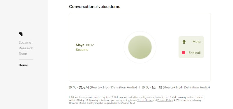 #AI #语音 #对话 #开源 Sesame CSM 一个对话语音模型，可以像语音电话一样与 AI 聊天谈话，特点是语气更加自然连贯，官方有更专业全面的介绍，目前仅支持英语，但后续会支持更多语言，且会在未来 1-2 周内开源