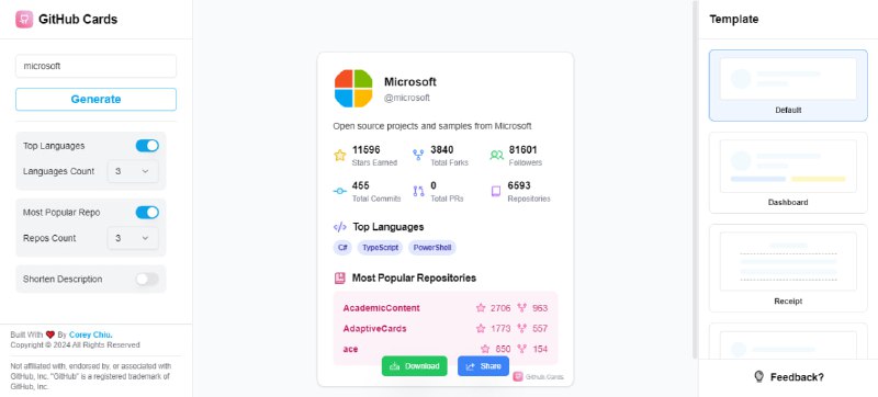 #GitHub #卡片 GitHub Cards GitHub 信息卡片生成工具，输入用户名即可，可展示统计、贡献、Stars、仓库等多种数据，并可自定义展示内容，支持多种主题模板，免费使用，无需注册