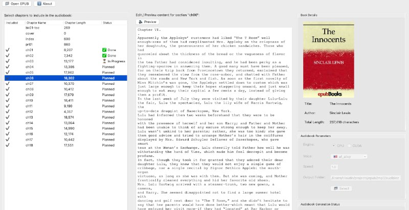 #电子书 #听书 #开源 Audiblez 电子书转有声书工具，基于 Kokoro-82M 模型实现，可将 epub 文本转换为 m4b 音频，支持 8 种中文音色，以及中英日法等多种语言，支持选择语音性别和播放速度，支持 CUDA 加速，但 CPU 也可以跑，只是处理速度差异很大，免费开源